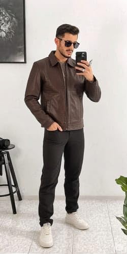 Image of Decrum Vintage Style Mens Leather Jacket - Real Lambskin Classic Shirt Collar Leather Jackets for Men