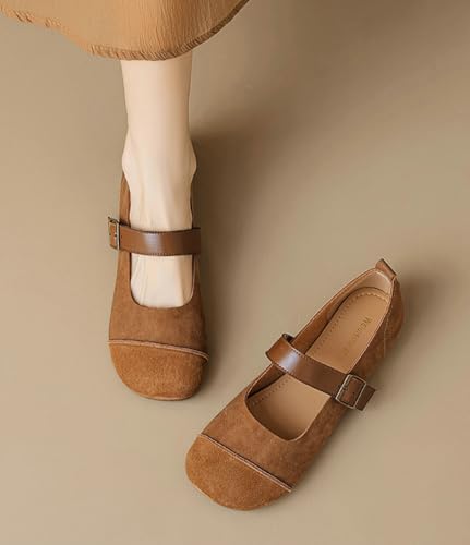 Women's Ballet Flats Suede Comfy Slip on Round Toe Buckle Strap Dress Shoes Causal Dressy Mary Jane Flats Retro Soft Work Walking Flat Shoes3