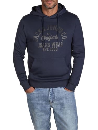 JACK & JONES Hoodie Herren Regular Fit JJEADRIAN Kapuzenpullover Pullover Sweater Print Blau L, Größe:L, Farbe:Navy Blazer