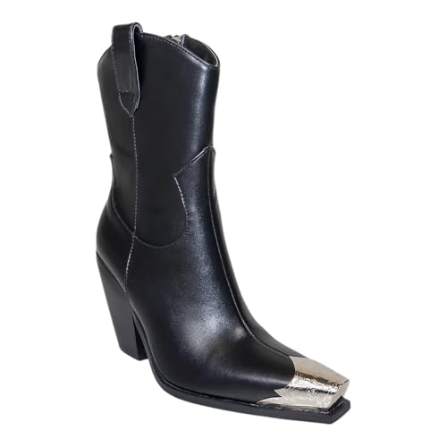 Liliana Women Western Cowgirl Ankle Boots Metal Toe Party Block Heeled Fashion Boots