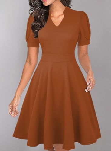 Image of Mokayee Womens Summer Short Puff Sleeve Casual Semi-Formal Fit and Flare Church Wedding Guest Work Dresses with Pockets