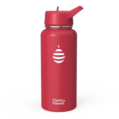 Clearly Filtered Water Bottle | Removes 220+ Contaminants, Double-Wall Insulated Stainless Steel, BPA/BPS Free, Phthalate Free, Filters Flouride Lead Chlorine (32oz, Crimson)