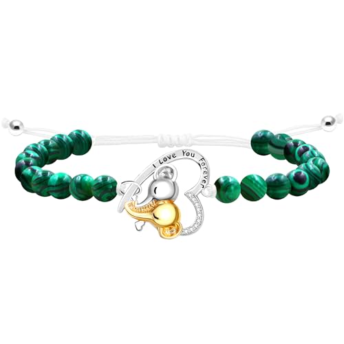Image of Double Elephant Heart Charm Natural Crystal Bracelet, Treatment Stone Bracelet Calm Stretch Bracelet Women's Stress Relief Gift for Moms I Love You Couple Jewelry