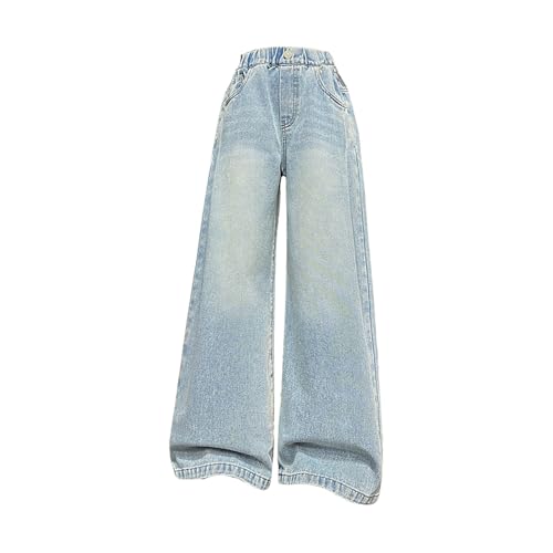 Girls Baggy Jeans Elastic Waist Wide Leg Wash Denim Pants Fall Solid Casual Loose Trousers with Pocket