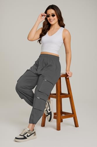 Image of ADDYVERO Elastic Cotton Solid Non-Stretchable Regular Fit Full Length Women six Pockets Cargo Pant (Grey, 28)