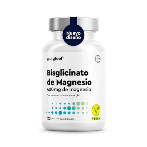 Glicinato de Magnesio 240 Cápsulas - 400 mg de magnesio elemental/dosis diaria - Suministro para 2 meses - Magnesio quelado - Inocuo para el estómago, vegano, de alta dosificación