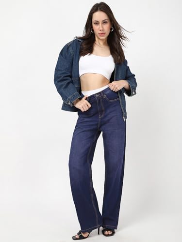 Image of Bewakoof Women's 100% Cotton Straight Fit Jeans | Jeans for Woman | Pants for Woman | Classic Denim Pants | Everyday Casual | Utility Streetwear | Lightweight & Flexible | Straight Pants for Women