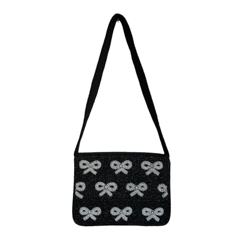 Elegant Black Beaded Shoulder Bag with Bow Accents, Chic Formal & Casual Occasions, Lightweight & Durable (Bow Elegance)