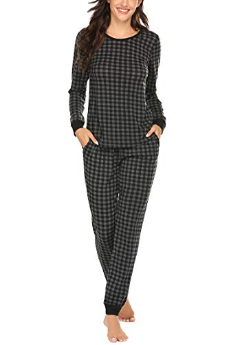 Ekouaer Sleepwear Set Plaid Lounge Wear Tops Stretchy Elastic Pants Pajama For Autumn And Winter Pattern3 L #TOP1