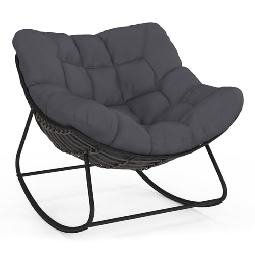 IDMarket - Fauteuil de Jardin à Bascule LOA Effet rotin Gris avec Coussin Gris