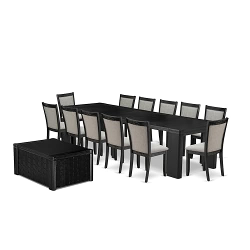 Image of X12MZ-0C6-06 - 14-piece Dining Room Table Set a Rectangular Kitchen Table with a coffee Table and 12 Shitake Linen Fabric kitchen Chair, 39x120 Inch, Wire Brushed Black
