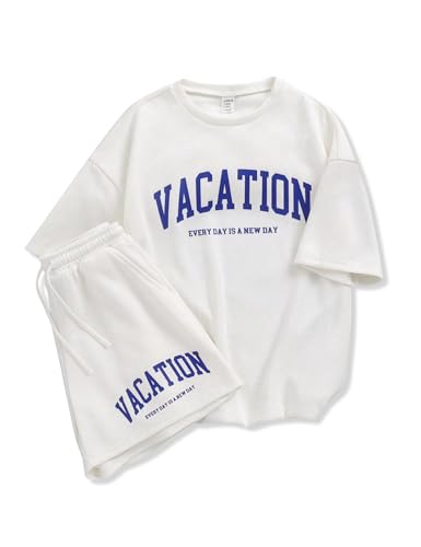 Image of Size 6-12 Years Girl's Tracksuit Sets 2 Piece Outfits Letter Print Vacation Tee Top and Drawstring Waist Shorts