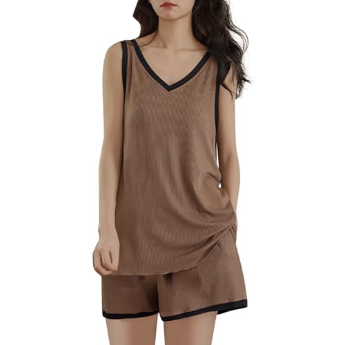 Conjunto de dormir para mujer, chaleco acolchado acanalado con talla grande, fino y cómodo y conjunto de ropa de dormir para maternidad, camisón de manga larga, marrón, XL