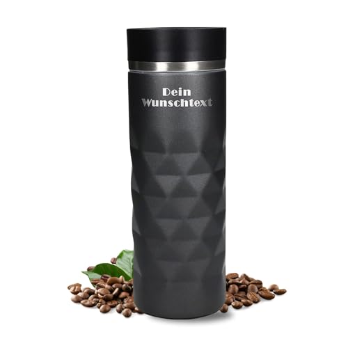elasto – Edelstahl Thermobecher personalisiert – 100% auslaufsicherer & thermoisolierter Kaffeebecher – 450 ml Coffee to go – individuelle Gravur mit Name oder Spruch (Schiefer Grau)