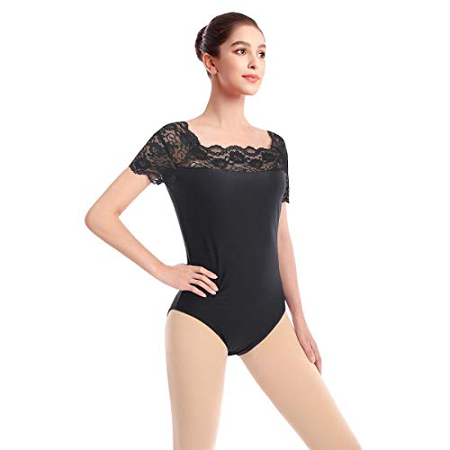 OBEEII Damen Spitze Ausschnitt Kurzarm Spandex Bodysuit Ballett Gymnastik Tanz Body Trikot Tanzkleidung