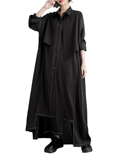 ellazhu Women's Shirt Dress Lapel Button Down Long Sleeve Solid Irregualr Hem GZ602 A