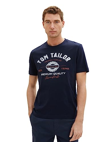 TOM TAILOR Herren T-Shirt mit Logo-Print aus Baumwolle, sky captain blue, L