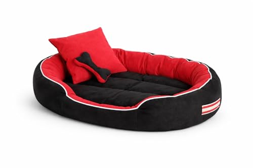 MUDDY PAWS Premium Reversible Oval Dog Bed – Medium – Washable Anti-Skid Pet Bed with Toy Pillows, Soft Polyester Dog Cushion – Red & Black (55L x 46W x 22H Cm)