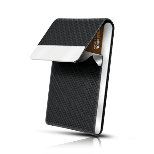 Business Card Holder, Stainless Steel Business Card Case for Men or Women, Pocket Business Card Holder with Magnetic Closure, Card Case with Weaving Pattern, PU Leather,Black