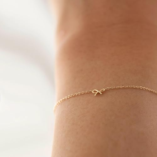 Gold Silver Bow Bracelet for Women Waterproof, 14K Plated Dainty Thin Tiny Mini Adjustable Chain Trendy Fashion Accessories Jewelry Gift for Womens Daughter Mom Christmas Stocking Valentines4