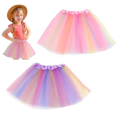 SHUOHONG 2 Stück Tüllrock Mädchen, Regenbogen Tütü Kinder, Bunt Lagen Tüll Ballettrock, Prinzessin Tanzkleid für Geburtstagsfeier Tanz Feier Festival, Tütü Damen für 3-8 Jahre