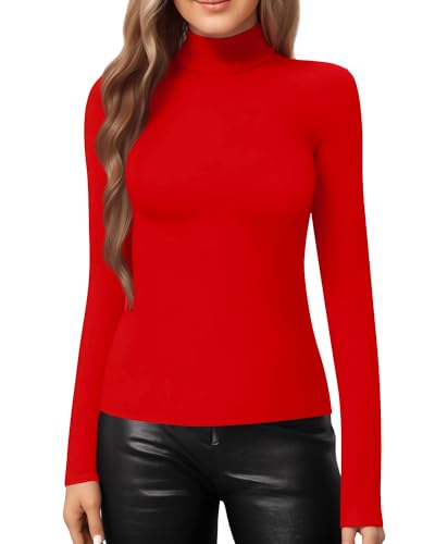 Image of MANGOPOP Women's Mock Turtle Neck Slim Fit Long Sleeve T Shirt Tunic Tops Tee, Long Sleeve Red, X-Large