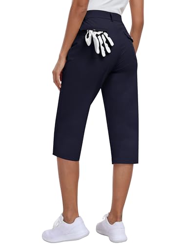MoFiz Women's Capri Pants with Pockets Lightweight Cropped Hiking Golf Pants Summer Quick Dry Elastic Waist Capris Navy Blue XL