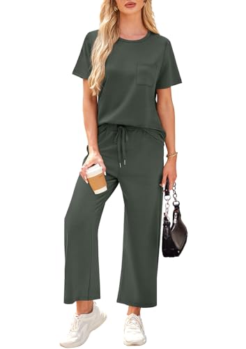 Image of WIHOLL 2 Piece Sets for Women Casual Summer Travel Vacation Outfits Short Sleeve Wide Leg Crop Pants Lounge Sets