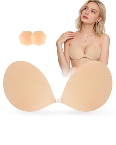 SHINYMOD Klebe BH Push Up Trägerloser BH Rückenfrei Strapless Bra Rückenfreier Silikon Unsichtbarer Selbstklebend BH Ohne Träger Mit 2Pcs Nippelpads Beige A