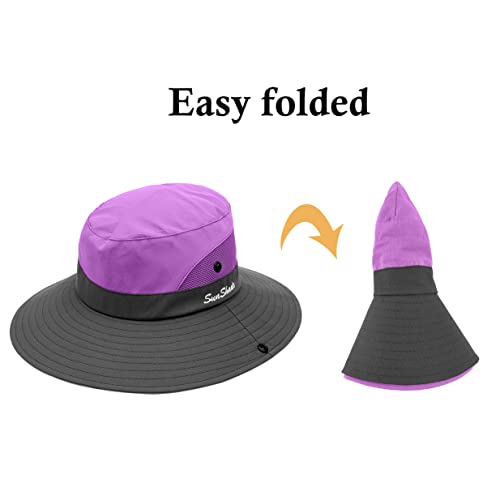 4 Pack Womens Ponytail Summer Sun Hat Uv Protection Foldable Mesh Wide Brim Beach Fishing Cap (4 Pack-Purple＆Watermelon Red＆Sky Blue＆Grey) #TOP5