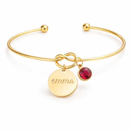 creabibenval Bracelet Prénom Personnalisé Femme – Bracelet Jonc Acier Inoxydable Doré avec Médaille Gravée et Pierre de Naissance – Bijou...