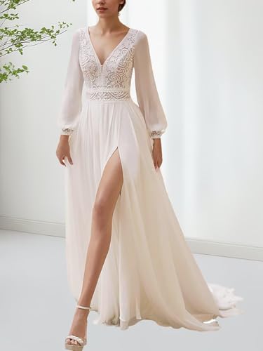 Long Sleeves Lace Wedding Dresses for Bride Chiffon A Line Long Boho Sexy Bridal Dress for Women3