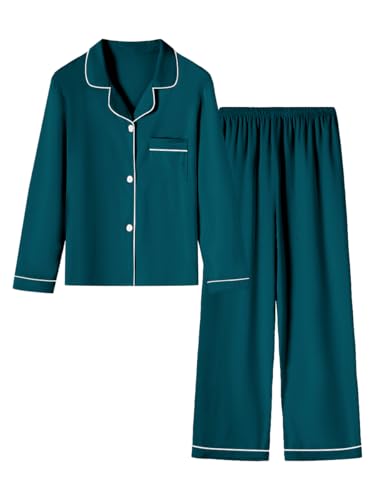Umeyda Pajamas Set for Women Long Sleeve Sleepwear Notch Collar Button Down Nightwear Soft Pjs, Blackish Green, Large
