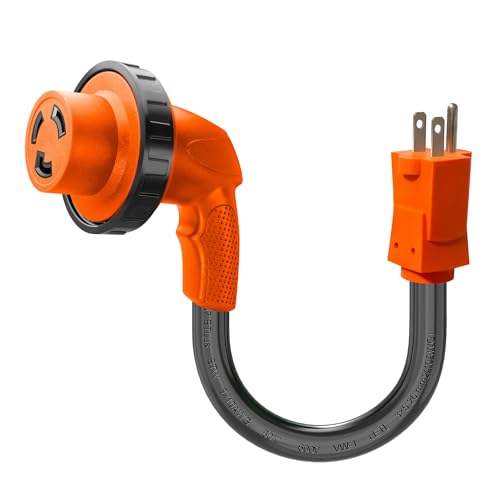 Image of RV 30 Amp to 110 Adapter with Locking Connector, 5-15P to L5-30R | 90 Degree Design, Upgraded Grip Handle, Twist Lock Connection, 12 Inch, 125V 1875W