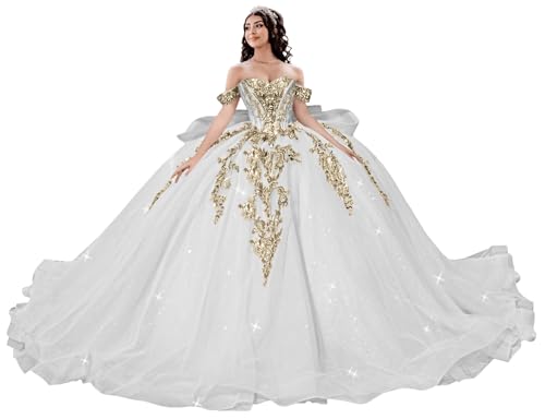TRHTX Plus Size White Quinceanera Dresses with Gold Appliques 18