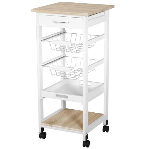 HOMCOM Mobile Rolling Kitchen Island Trolley for Home w/Metal Baskets Trays Shelves Wheels Compact Stylish Storage White