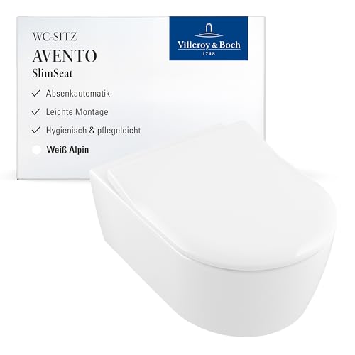 Villeroy & Boch Avento SlimSeat WC-Sitz - Toilettendeckel mit Absenkautomatik - Abnehmbarer, bruchsicherer Toilettensitz aus Duroplast - Ersatzteil - Klodeckel in D-Form - Weiß Alpin, glänzend