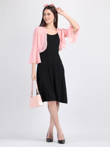 Image of AOL Women's Cropped Layered Lightweight Sheer Three-Fourth Bell Sleeves Georgette Open Neck Shrug Bolero