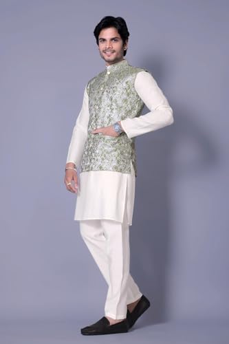 Men's Traditional Kurta Pajama with Sleeveless Printed Nehru Jacket Indian Ethnic Outfit for Wedding Festival & Party2