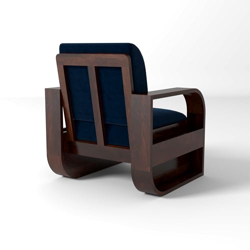 Image of Solid Sheesham Wooden 1 Seater Sofa Set with Blue Cushion for Living Room Furniture - Walnut Finish