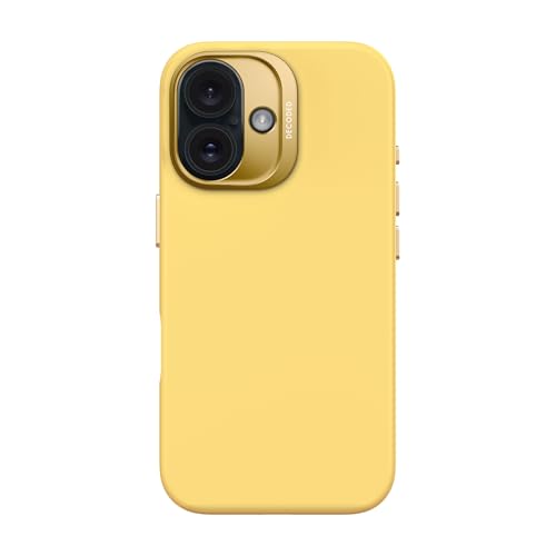 DECODED Coque en Silicone pour iPhone 16, Finition Soft-Touch Premium, Revêtement Antibactérien, Compatible MagSafe, Protection Antichute, Résistante aux Rayures, Boutons Métalliques, Jaune