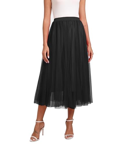 Kingfancy Women's Winter Skirts 2 Layered Tulle Tiered Long Skirts Elastic Waist A-Line Midi Skirts2