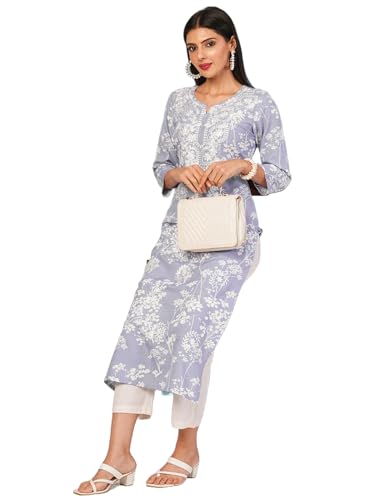 Image of GoSriKi Women's Cotton Blend Chikankari Embroidered Straight Kurta