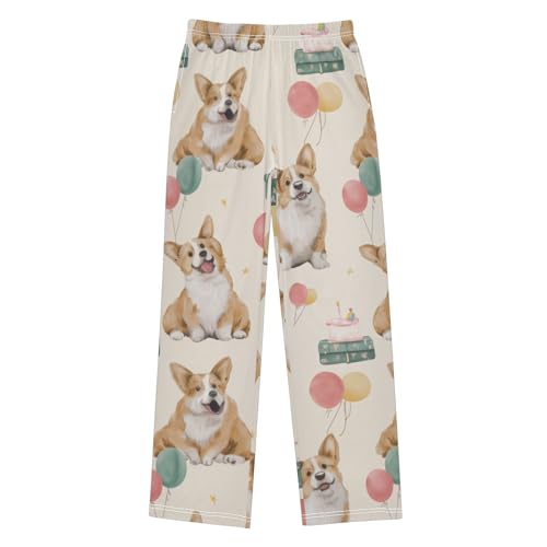 Corgi Dog Balloons Boys Long Pants Soft Trousers Elastic Waist Kids Lounge Bottoms with Pockets S-XL