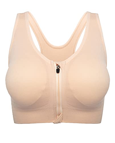 Florata Women's Zip Front Sports Bra Seamless Wirefree Post Surgery Racerback Yoga Bras Beige #TOP5
