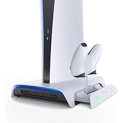 Ventilador Refresca KIWIHOME Soporte de Refrigeración Vertical para PS5, Diseño de Carga de Controlador Actualizado con 2 Adaptadores Magnéticos USB C para una Mejor Carga, Compatible con Disc/Digital PS5 y Ventilador