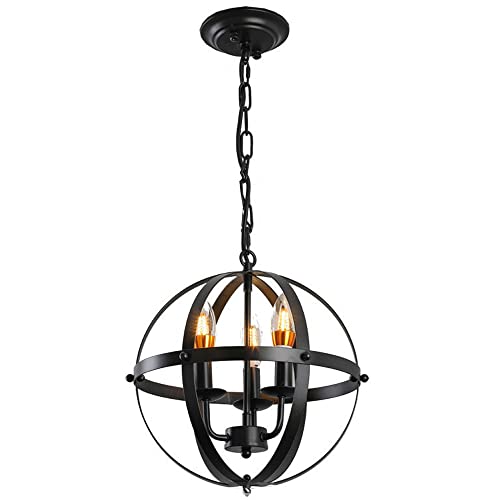Lámpara colgante de globo de 3 luces, cadena ajustable, acabado de bronce negro, perfecta para comedor y espacios de lectura, decoración rústica moderna
