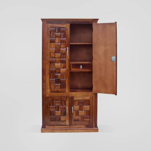 Image of Solid Sheesham Wood Diamond Cut 4 Door Almirah /Wardrobe /Cabinet with Storage of 4 Shelves and 2 Drawers, Pre-Assembled (Natural Honey Finish) (Honey) (F-Hony)