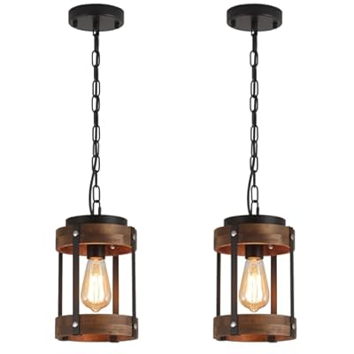 2 Pack Rustic Farmhouse Wood Pendant Light Fixture One-Light Adjustable Chain Oak Wood and Metal Drum Cage Small Pendant Lighting for Kitchen Island Sink Hallway Farmhouse Bathroom Bar, Black