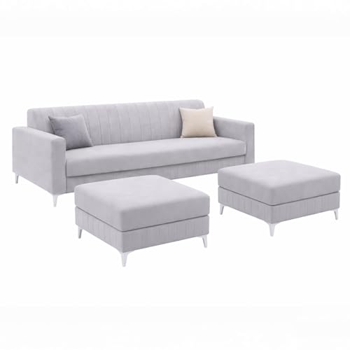 Image of Amelia 5 Seater L Shape Sofa Set with 2 Movable Ottomans | Flexible Layout | Rich Velvet Suede Fabric | Silver Legs | Spacious Seating | Modern Sofa for Living Room (Light Grey)